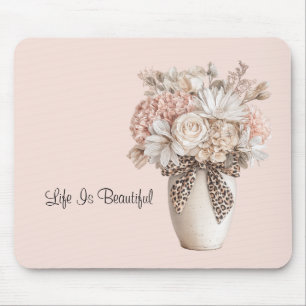 Rosa Creme Blumen Leoparden Schleife Vase Mousepad