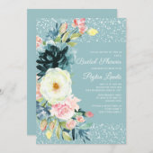 Rosa Creme Blumengestardust Aquamarines Brautparty Einladung (Vorne/Hinten)