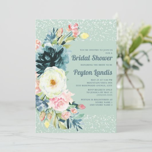 Rosa Creme Blütenblume Glitzer Neo Mint Brautparty Einladung (Stehend Vorderseite)