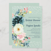 Rosa Creme Blütenblume Glitzer Neo Mint Brautparty Einladung (Vorne/Hinten)