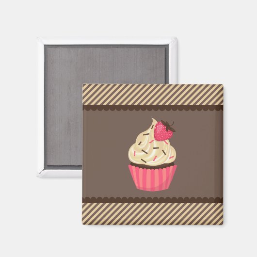 Rosa Creme Brown Streifen Erdbeere Cupcake Magnet (Vorderseite/Rückseite)