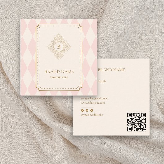 Rosa Creme-Diamant-Goldrahmen-Monogramm Quadratische Visitenkarte
