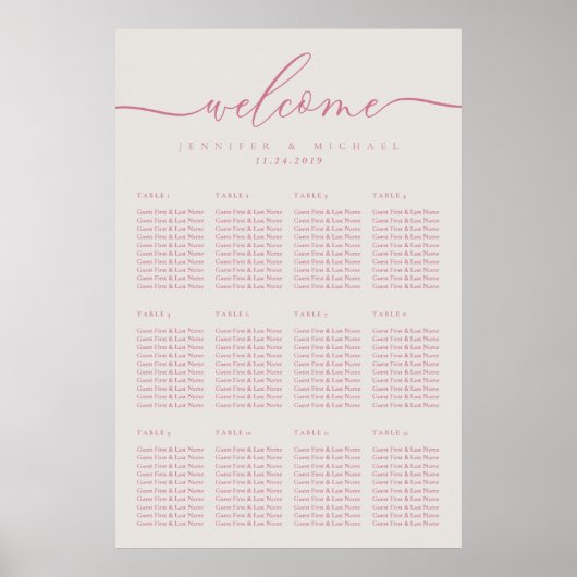 Rosa Creme Einfache Hochzeitssitze Zwölf Tische Poster (Vorne)