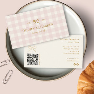 Rosa Creme Gingham QR Bäckerei Marketing Visitenkarte