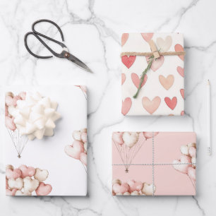 Rosa Creme Herzen Ballons Geburtstag   Geschenkpapier Set
