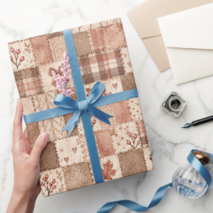 Rosa Creme Herzen Blätter Karo Weihnachten Geschenkpapier