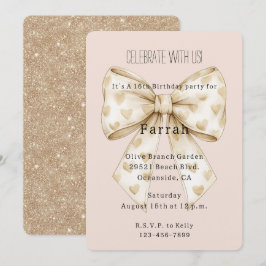 Rosa Creme Herzen Schleife Gold Glitter Geburtstag Einladung