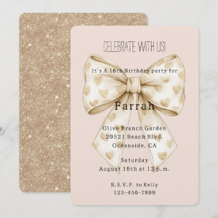 Rosa Creme Herzen Schleife Gold Glitter Geburtstag Einladung