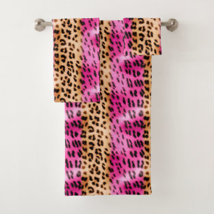 Rosa Creme Schwarzer Leopard Tierprint Badhandtuch Set