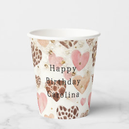 Rosa Creme-Tierherzen Gold Glitzer Geburtstag Pappbecher