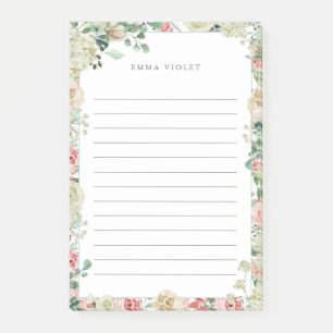 Rosa & Creme Vintage Wasserfarbe Floral Name Post-it Klebezettel