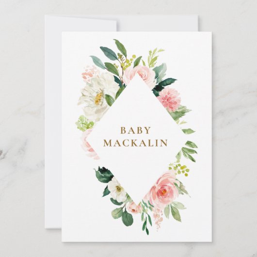 Rosa Creme Wasserfarbe Blumengrün Babydusche Einladung (Rückseite)