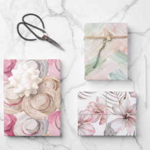 Rosa Creme Weiße Strohhüte Blumen Geburtstag Geschenkpapier Set