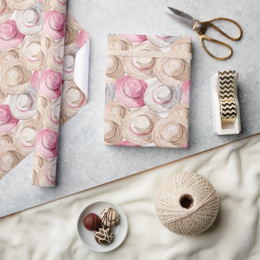Rosa Creme Weiße Strohhüte Geburtstag Geschenkpapier (Kunsthandwerk)