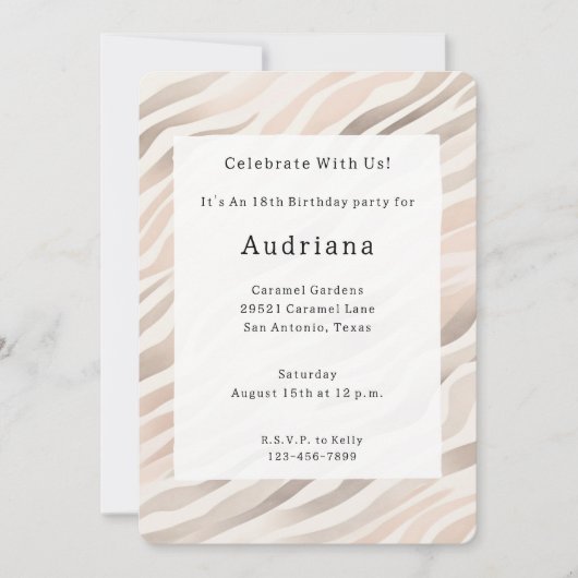 Rosa Creme Zebra Animal Print Birthday Einladung (Vorderseite)