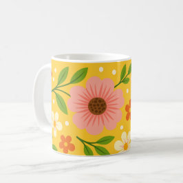 Rosa, cremefarbene und orangefarbene Blumen mit gr Kaffeetasse