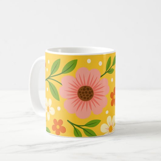 Rosa, cremefarbene und orangefarbene Blumen mit gr Kaffeetasse (Vorderseite Links)
