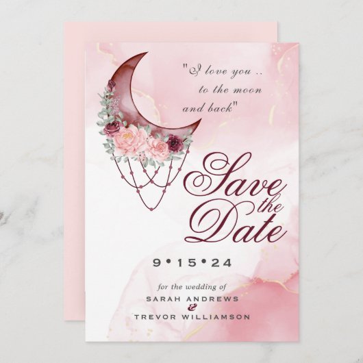 Rosa Crescent Moon Foto Save the Date Einladung (Vorne/Hinten)