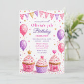 Rosa Cupcake 7. Geburtstagsfeier Einladung (Stehend Vorderseite)