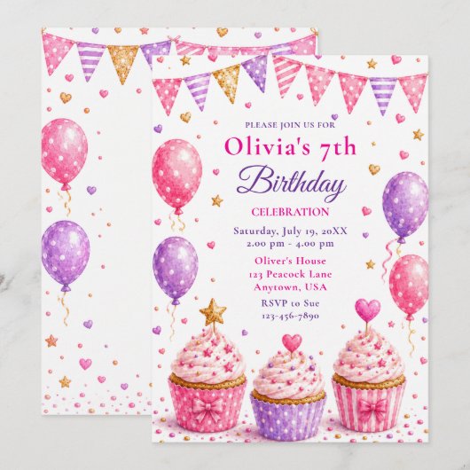 Rosa Cupcake 7. Geburtstagsfeier Einladung (Vorne/Hinten)