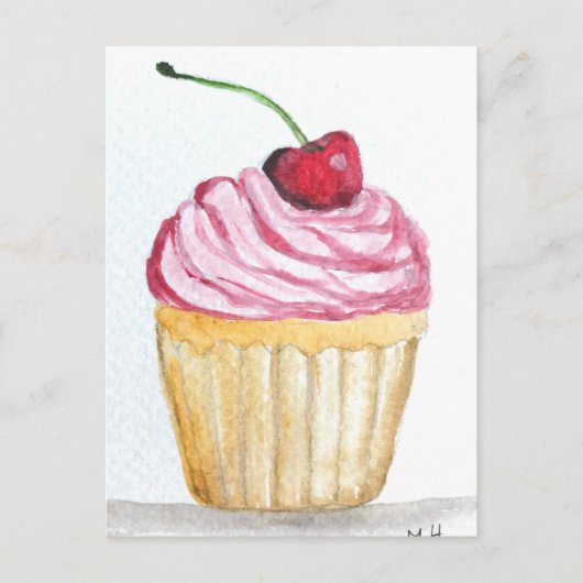Rosa Cupcake mit Kirsche Postkarte (Vorderseite)