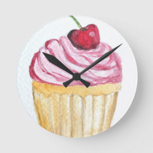 Rosa Cupcake mit Kirsche Runde Wanduhr