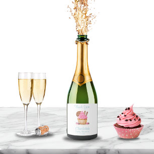 Rosa Cupcake mit Schokolade zur Babyparty Danke Schaumweinetikett
