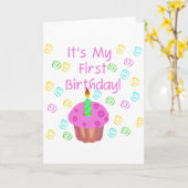 Rosa Cupcake zum ersten Geburtstag mit Kerze Karte (Gelbe Blume)