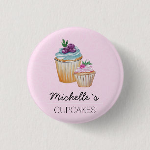 Rosa Cupcakes und Früchte Wasserfarbe Button