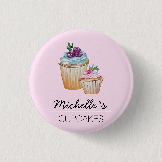 Rosa Cupcakes und Früchte Wasserfarbe Button (Vorderseite)