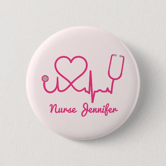 Rosa Custom Nurse Name Stethoscope Heart Life Line Button (Vorderseite)