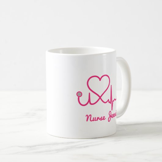 Rosa Custom Nurse Name Stethoscope Heart Life Line Kaffeetasse (VorderseiteRechts)