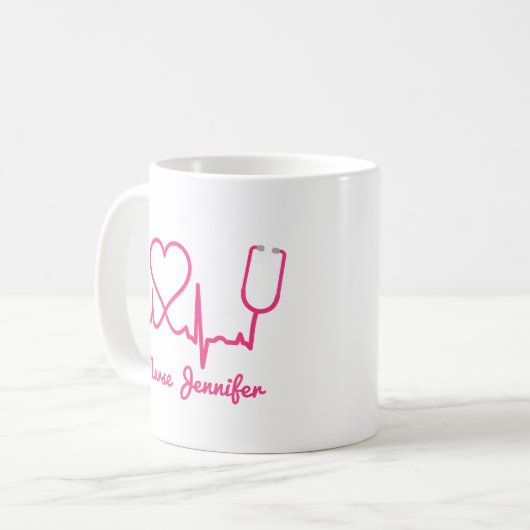 Rosa Custom Nurse Name Stethoscope Heart Life Line Kaffeetasse (Vorderseite Links)