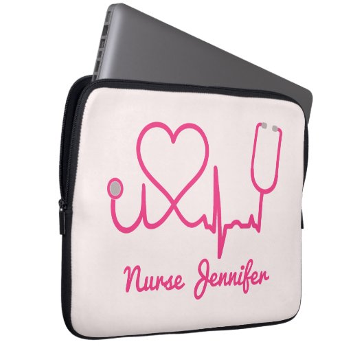 Rosa Custom Nurse Name Stethoscope Heart Life Line Laptopschutzhülle (Vorne Rechts)