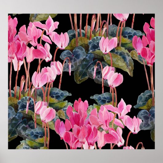 Rosa Cyclamen: Dunkle Aquarellfärbung Poster (Vorne)
