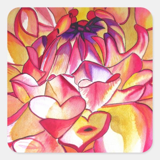 Rosa Dahlia Blume Aquarell Kunst Quadratischer Aufkleber (Vorderseite)