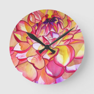 Rosa Dahlia Blume Aquarell Kunst Runde Wanduhr