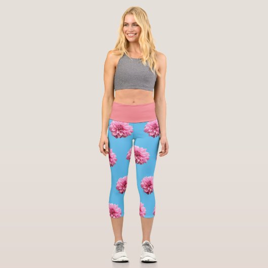 Rosa Dahlia-Blume Capri Leggings (Vorderseite)