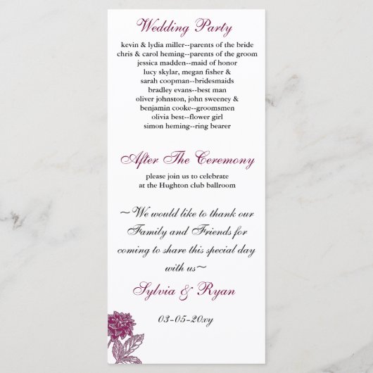 Rosa Dahlia Hochzeitsprogramm Programm (Rückseite)