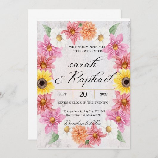 Rosa Dahlia Rahmen Wasserfarbene Hochzeit Einladung (Vorne/Hinten)