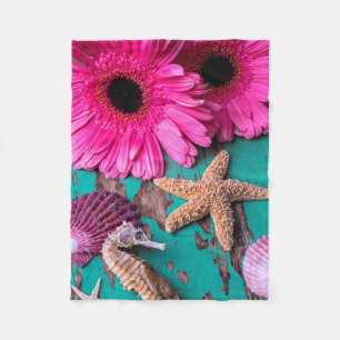 Rosa Daises und Seepferd mit Starfish Fleecedecke