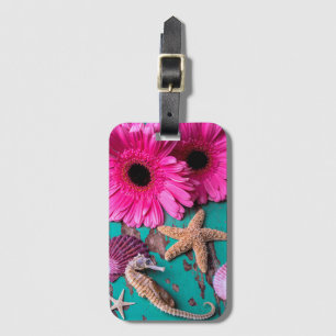 Rosa Daises und Seepferd mit Starfish Gepäckanhänger
