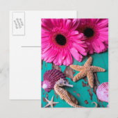 Rosa Daises und Seepferd mit Starfish Postkarte (Vorne/Hinten)