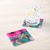 Rosa Daises und Seepferd mit Starfish Rechteckiger Pappuntersetzer (Vor Ort)