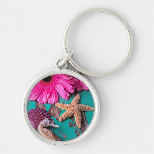 Rosa Daises und Seepferd mit Starfish Schlüsselanhänger (Vorne)
