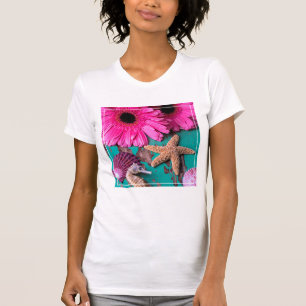 Rosa Daises und Seepferd mit Starfish T-Shirt
