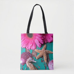 Rosa Daises und Seepferd mit Starfish Tasche
