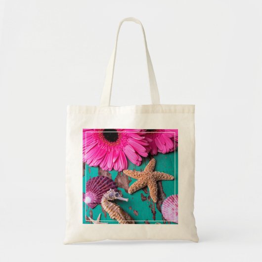 Rosa Daises und Seepferd mit Starfish Tragetasche (Vorne)