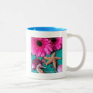Rosa Daises und Seepferd mit Starfish Zweifarbige Tasse