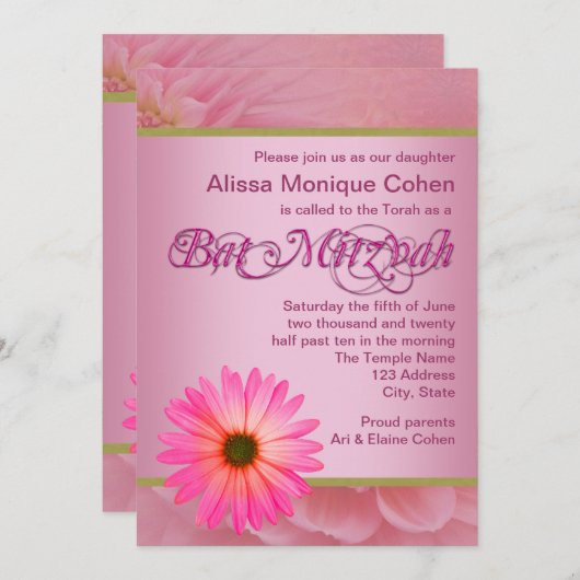 Rosa Daisy Bat Mitzvah Einladungen (Vorne/Hinten)